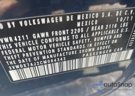 2012 Volkswagen Jetta 2.5L Se from USA, damaged, VIN 3VWDX7AJ2CM064343